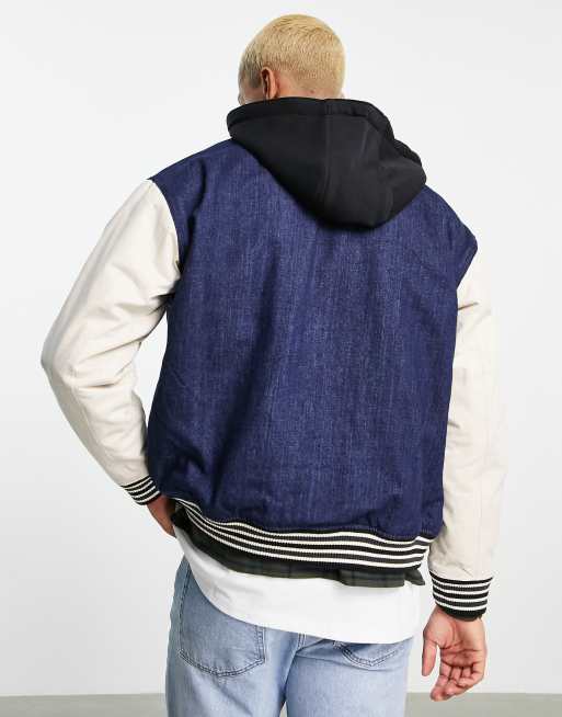 ASOS DESIGN denim varsity jacket in blue and white