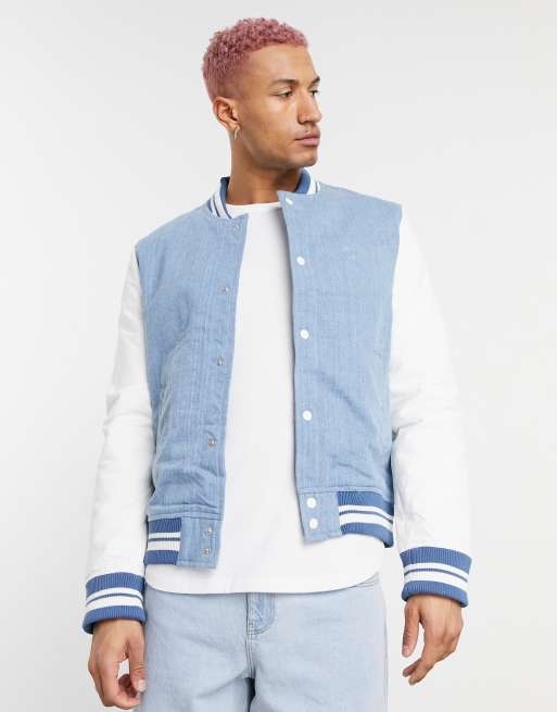 ASOS DESIGN denim varsity jacket in blue and white