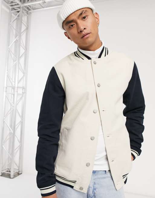 ASOS DESIGN denim varsity jacket in blue and white