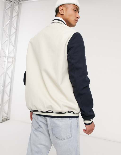 ASOS DESIGN denim varsity jacket in blue and white