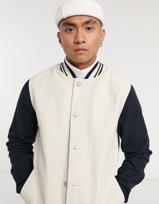 ASOS DESIGN denim varsity jacket in blue and white