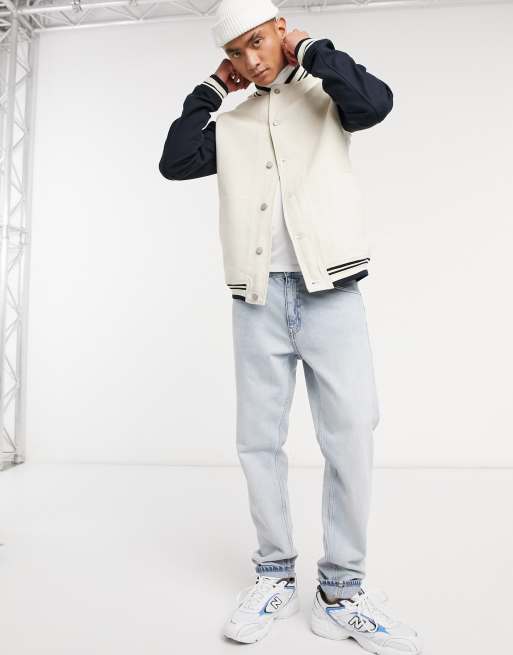 ASOS DESIGN denim varsity jacket in blue and white