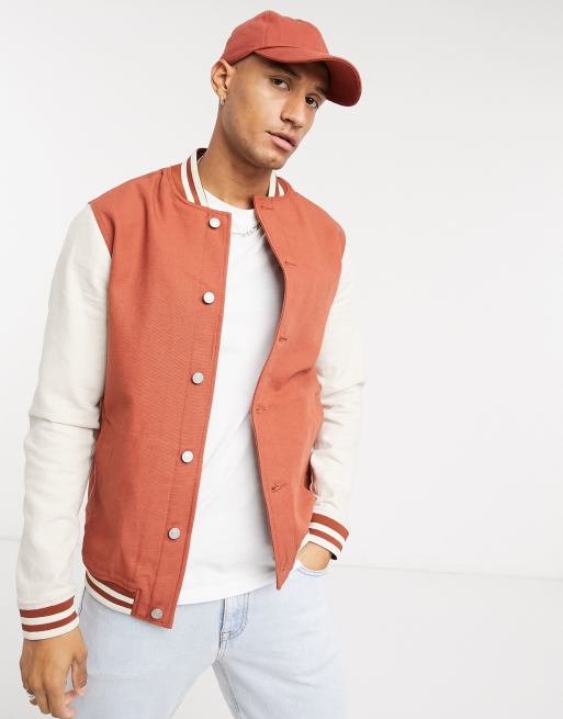 ASOS DESIGN denim varsity jacket in rust