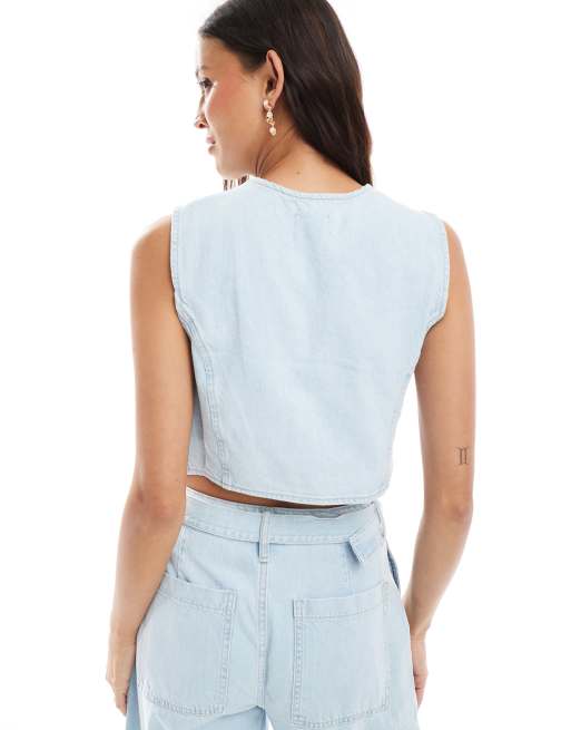 ASOS DESIGN denim vest crop top in mid blue - part of a set