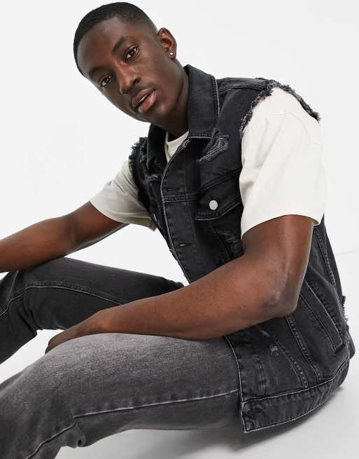 ASOS DESIGN - Denim-vest i vasket sort med flænger