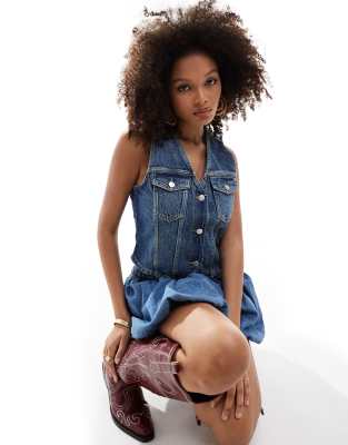 Asos Design Denim Vest In Dark Midwash Blue