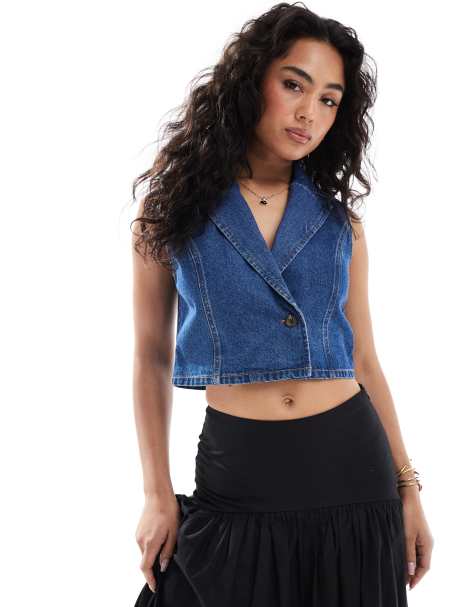 ASOS DESIGN denim vest in mid wash blue - view 1