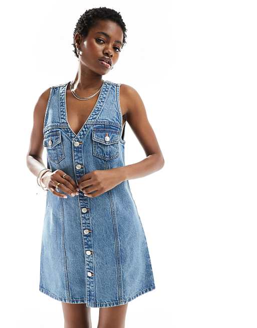 dress with denim vest Savannah Medium Wash V Neck Sleeveless Mini S / Medium Wash Elevate your wardrobe with this exquisite two Wash Lab Denim Sleeveless Denim
