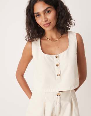 ASOS DESIGN denim vest top with button front in ecru-White