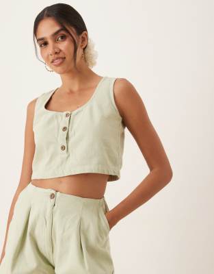 ASOS DESIGN denim vest top with button front in pistachio co-ord-Green