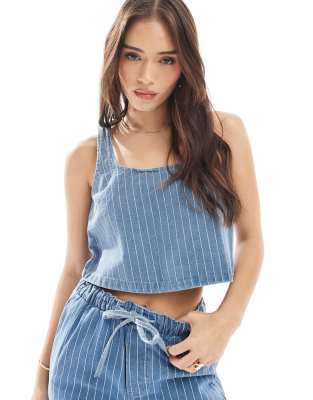 ASOS DESIGN denim vest top with embroidered stripe in blue co-ord