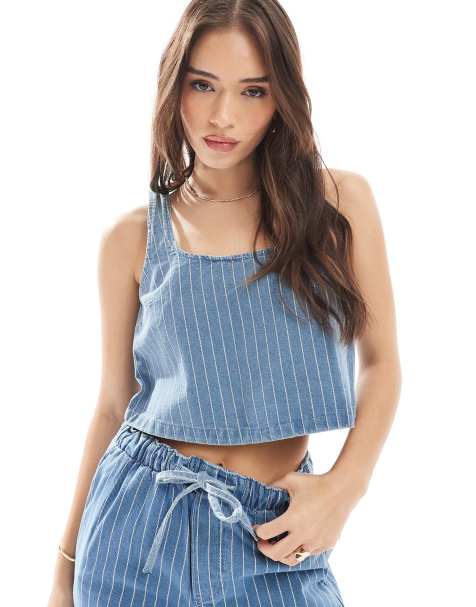 ASOS DESIGN denim vest top with embroidered stripe in blue co-ord - view 1