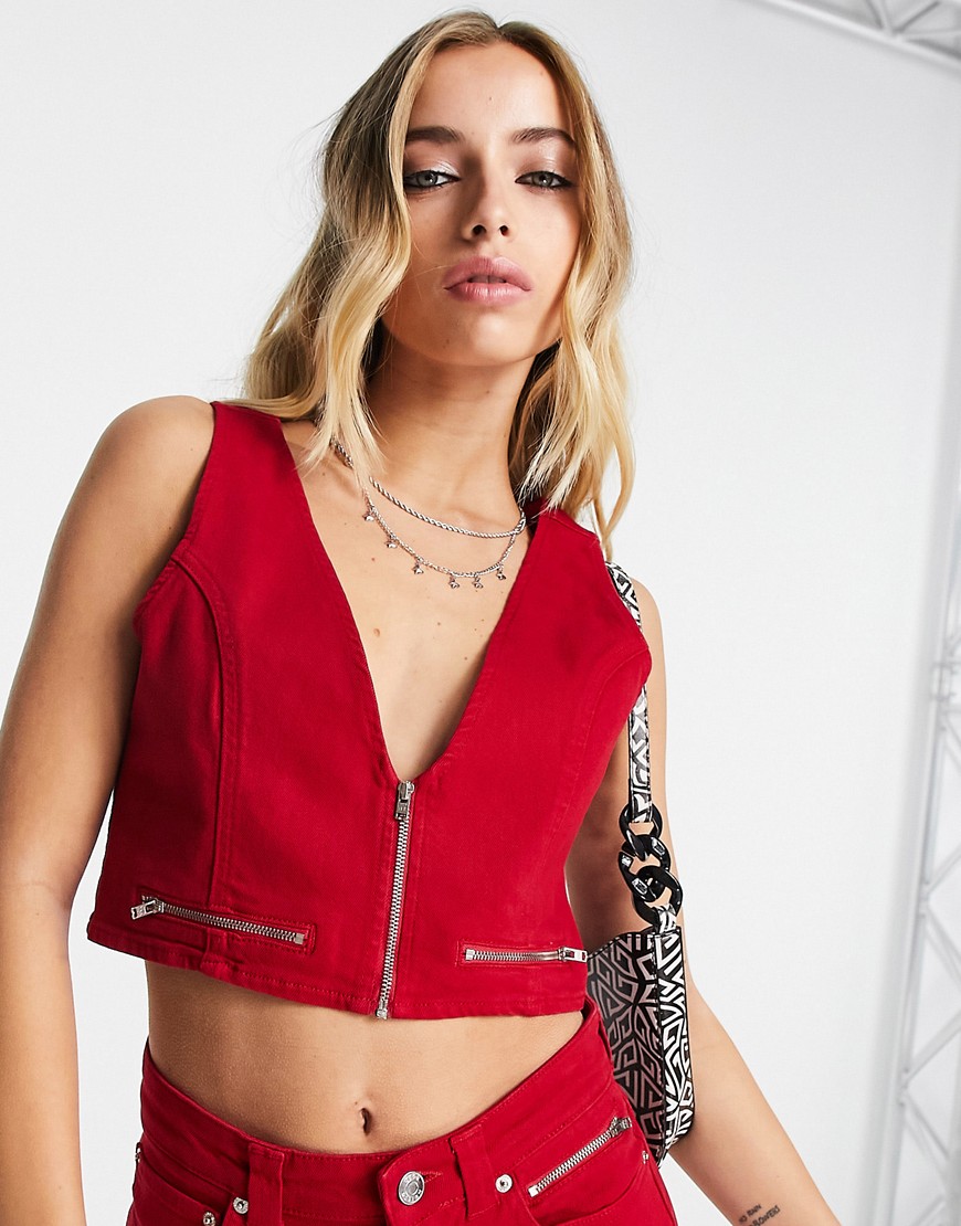 ASOS DESIGN denim vest with zip details in red