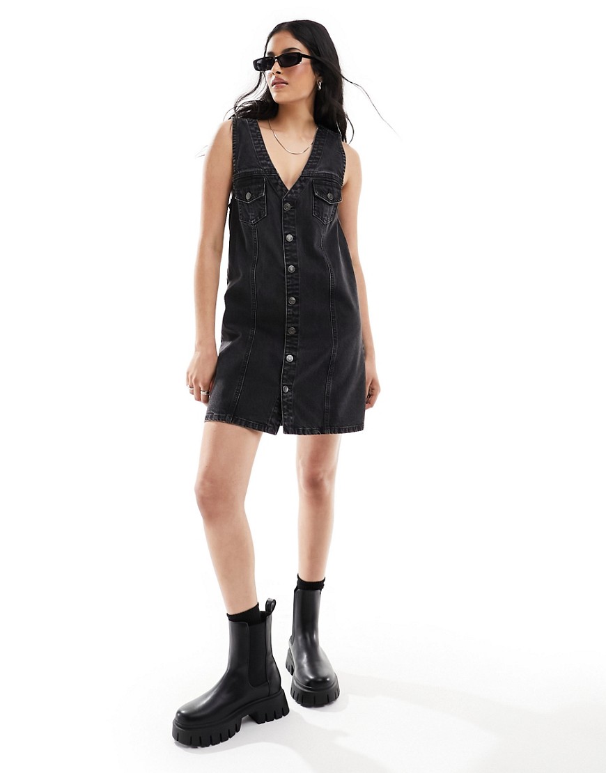 Asos Design Denim Vintage Mini Dress With Button Up In Wash Black