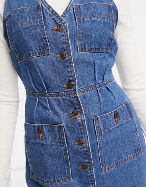 ASOS DESIGN - Denim vintage mini jurk met knoopsluiting in mid-wash blauw, 3 van 4