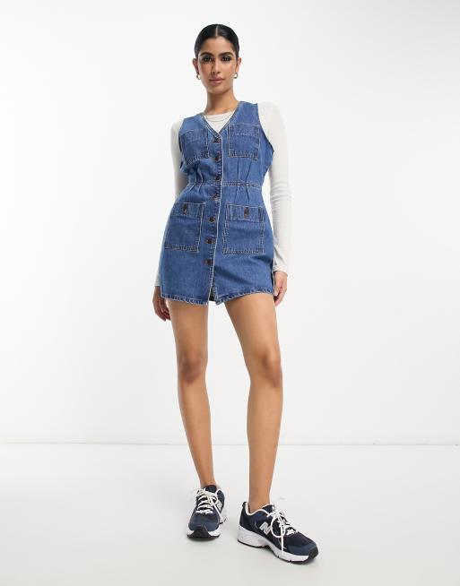 ASOS DESIGN - Denim vintage mini jurk met knoopsluiting in mid-wash blauw, 4 van 4