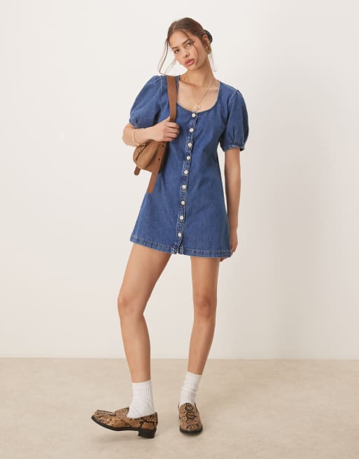 ASOS DESIGN - Denim vintage mini jurk met knopen en pofmouwen in mid-wash blauw