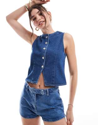 Asos Design Denim Waistcoat In Mid Blue Asos