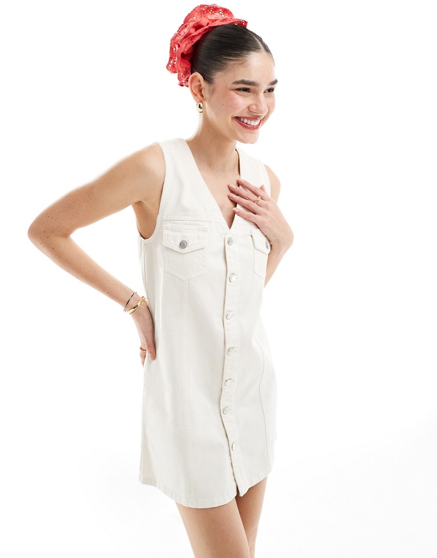 ASOS DESIGN denim waistcoat mini dress with button through in ecru-Neutral