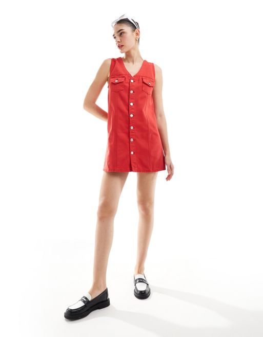 ASOS DESIGN denim waistcoat mini dress with button through in red, 4 of 4