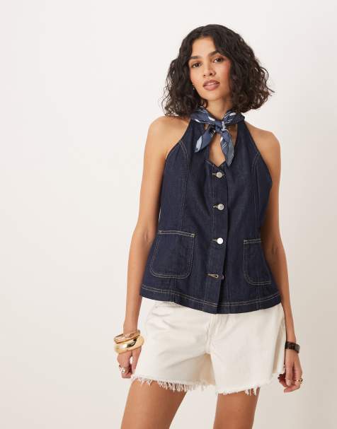 ASOS DESIGN denim waistcoat with halter neck - view 1