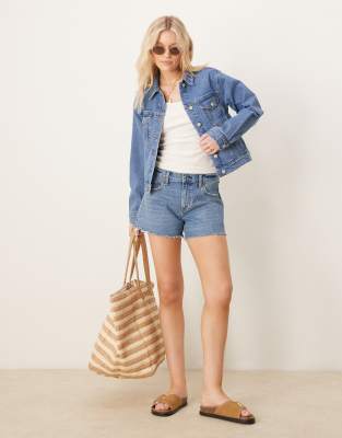 Asos Design Cropped Denim Borg Jacket In Midwash Blue In Blue
