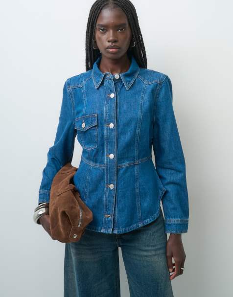ASOS DESIGN denim western jacket with cinched waist in mid blue - view 1