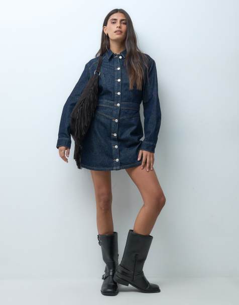 ASOS DESIGN denim western mini jurk in middenblauw - view 1