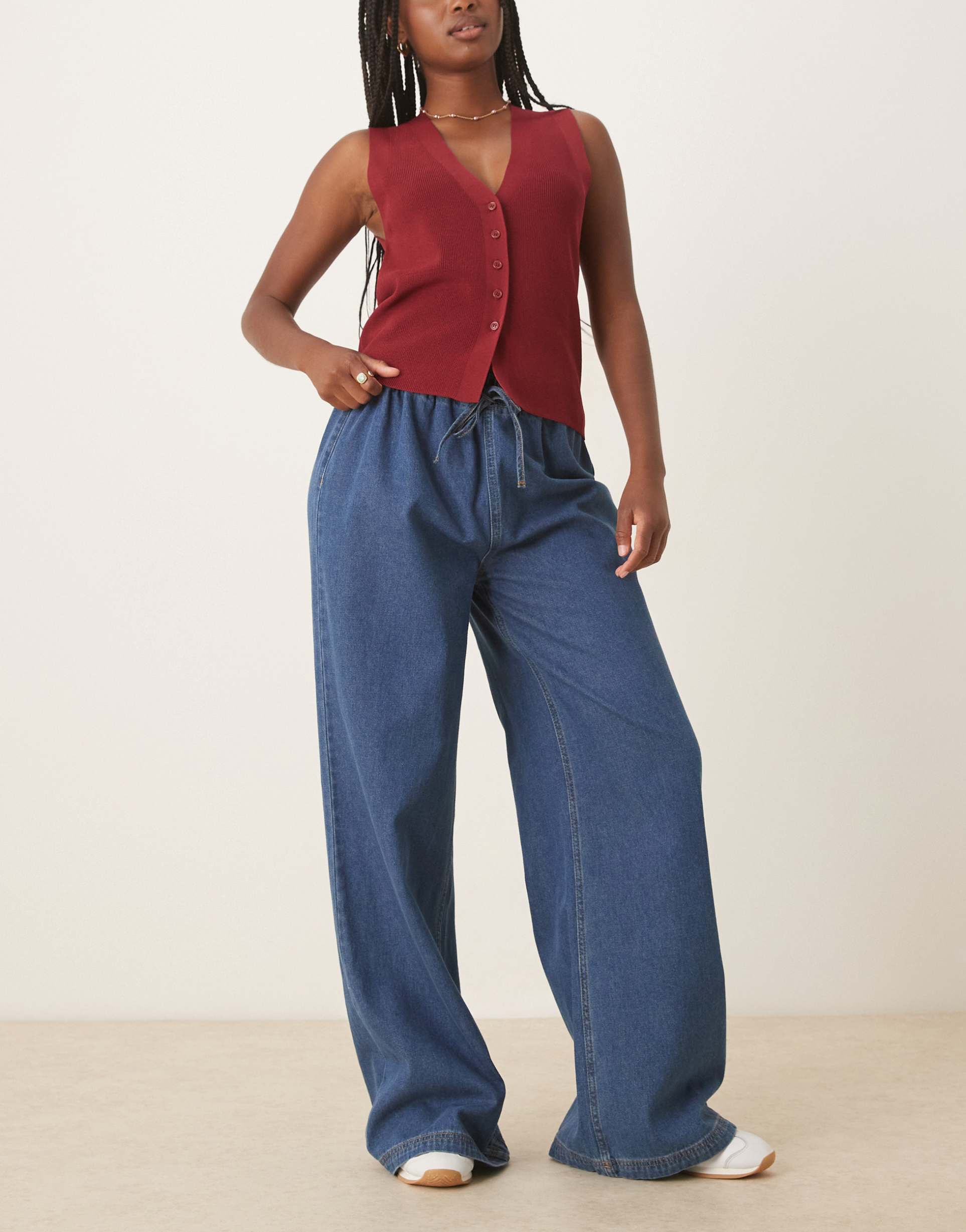 asos design denim wide leg elastic waist jeans in mid blue