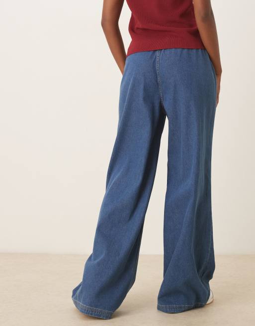 ASOS DESIGN denim wide leg elastic waist jeans in mid blue, 2 of 5