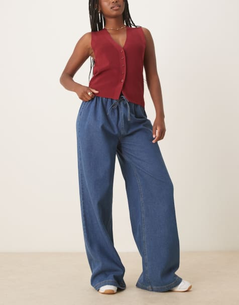 ASOS DESIGN denim wide leg trackie jeans in mid blue - view 1