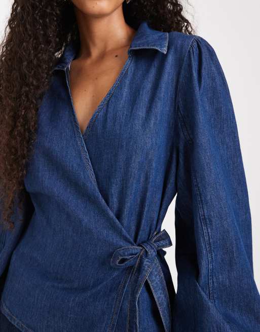 ASOS DESIGN - Denim wikkeltop met ballonmouwen in indigo, 3 van 4