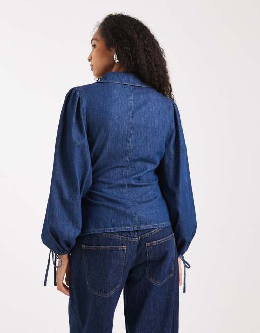 ASOS DESIGN - Denim wikkeltop met ballonmouwen in indigo, 4 van 4