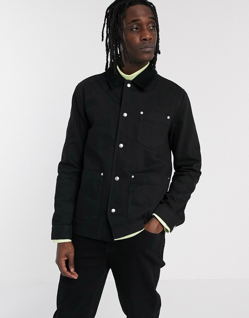 Asos Design Denim Worker Jacket In Black With Cord Collar-green