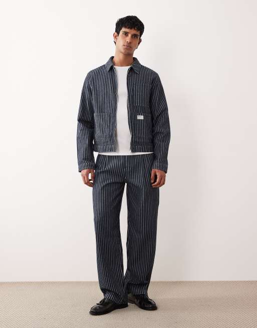 ASOS DESIGN denim workwear jacket in dark wash blue with patch and pinstripe - part of a set, 2 of 5