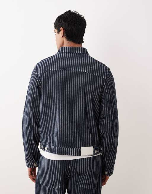 ASOS DESIGN denim workwear jacket in dark wash blue with patch and pinstripe - part of a set, 3 of 5