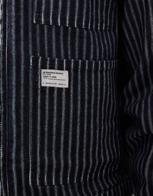 ASOS DESIGN denim workwear jacket in dark wash blue with patch and pinstripe - part of a set, 4 of 5