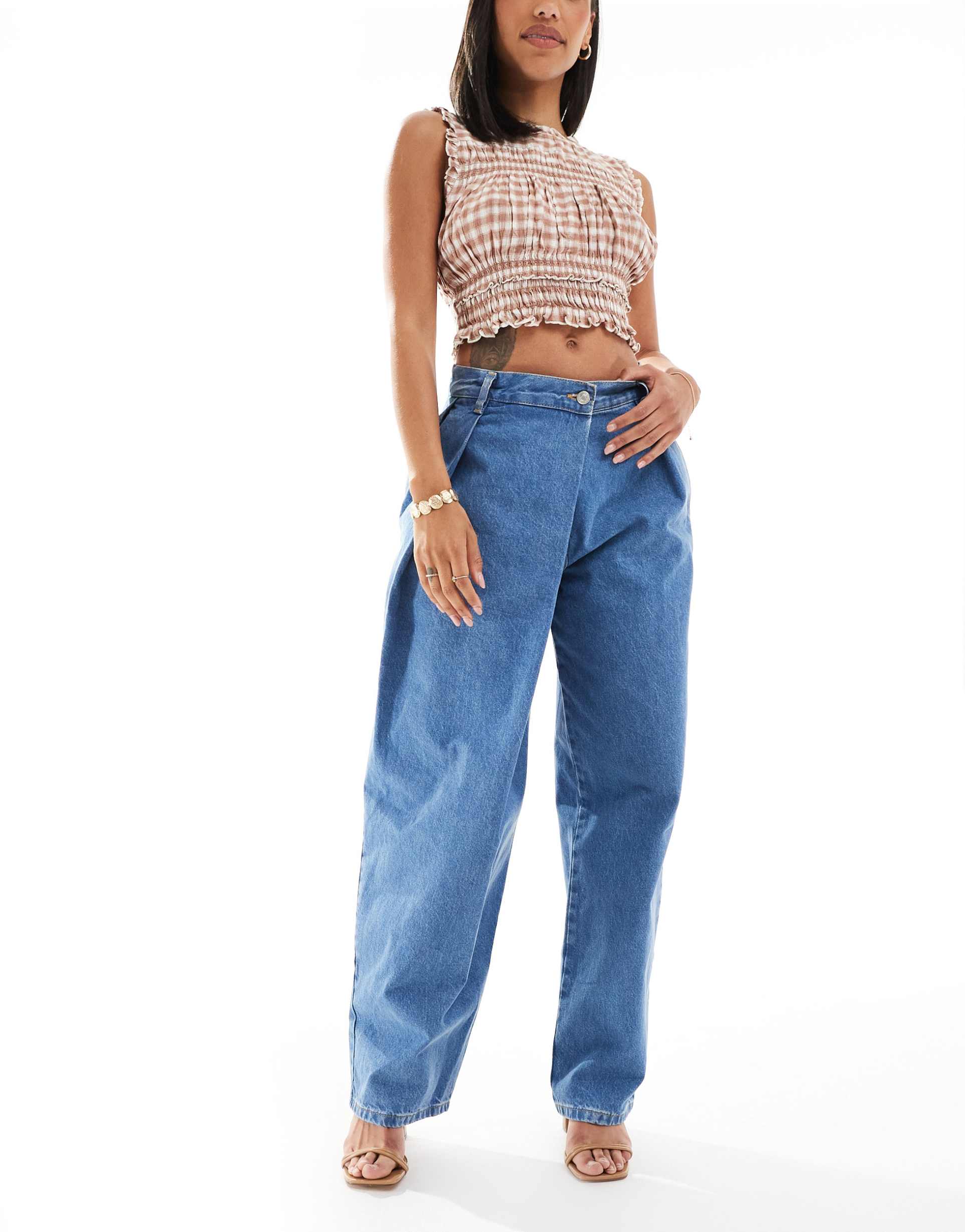 asos design denim wrap detail wide leg jeans in mid blue