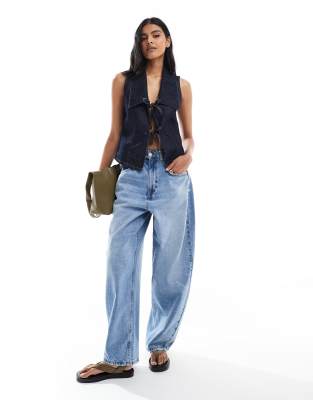 Asos Design Denim Wrap Front Collared Shirt In Blue