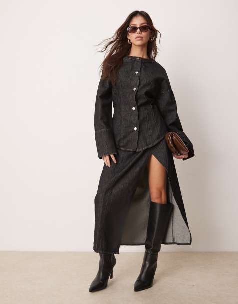 ASOS DESIGN denim wrap front midi skirt in black ecru