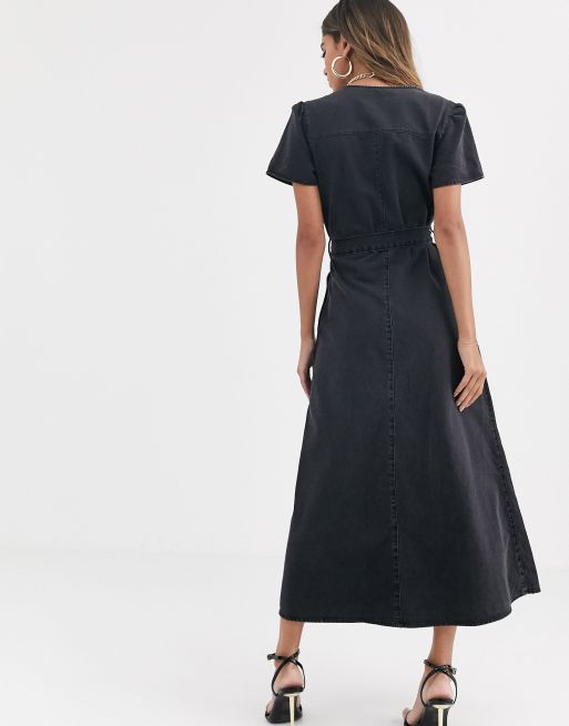 black denim wrap dress boohoo Women's Tall Wrap Front Denim Dress in Washed Black