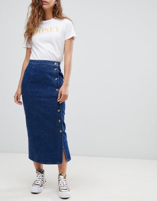 denim wrap midi skirt