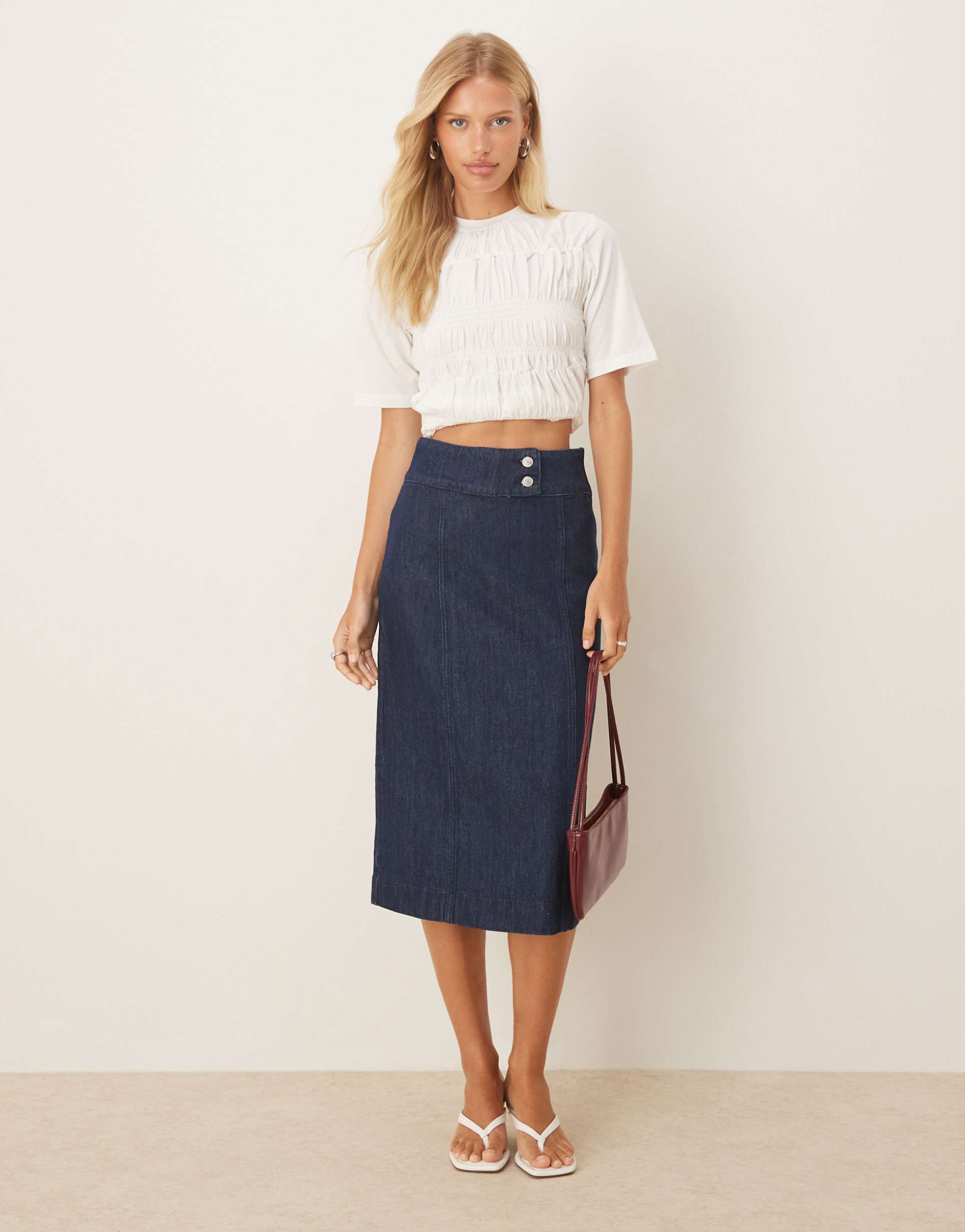 asos design denim wrap over pleated midi skirt in rinse