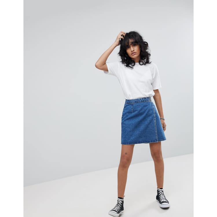 ASOS DESIGN denim wrap skirt in midwash blue ASOS