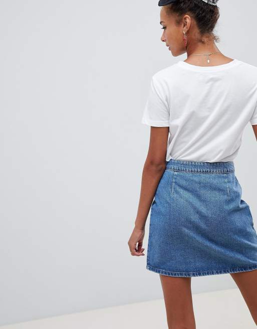 ASOS DESIGN denim wrap skirt in stonewash blue