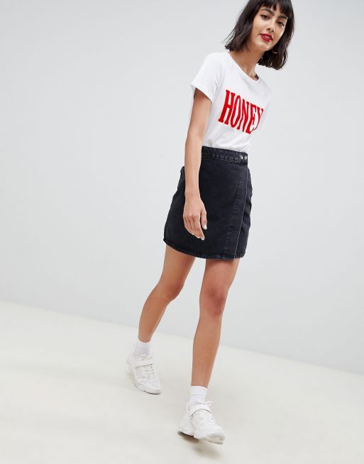 Asos black shop denim wrap skirt