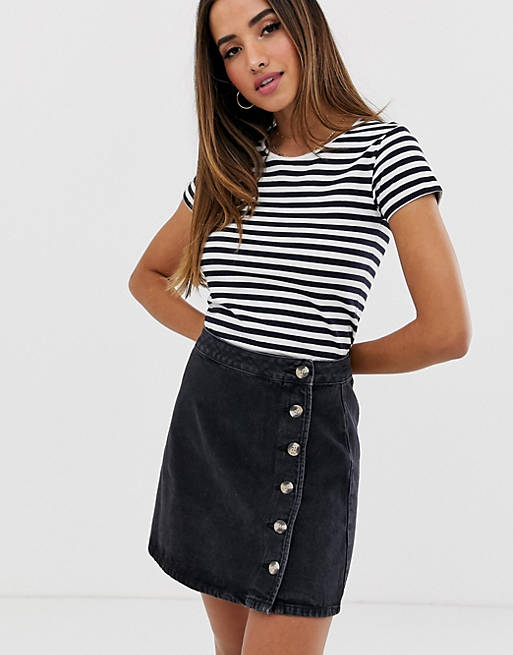 ASOS DESIGN denim wrap skirt with side buttons in black
