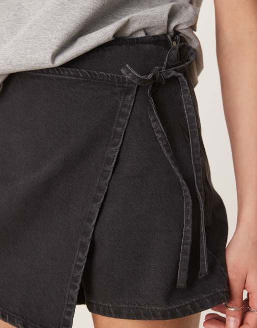 ASOS DESIGN denim wrap skort in black, 2 of 5