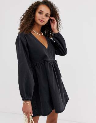 Asos Design Denim Wrap Smock Mini Dress In Black | ModeSens