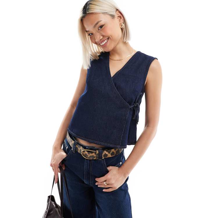 ASOS DESIGN denim wrap top in indigo ASOS